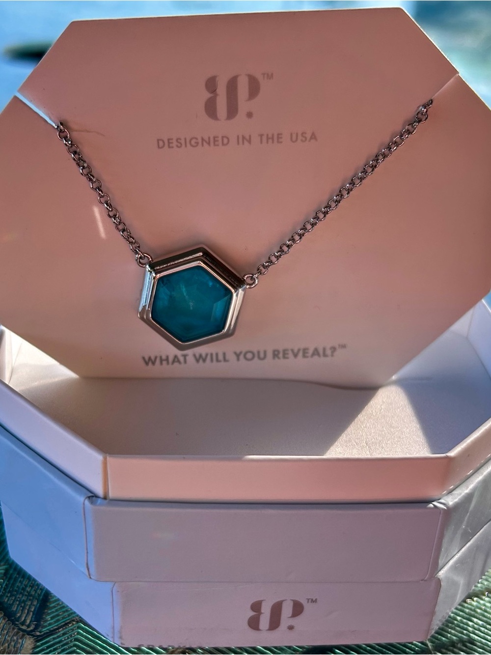 bp OG lab created light blue Quartz Hexagon Pendant Necklace - Rhodium plating